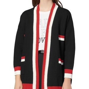 Sandro Black Open-Front Cardigan with Red and White Trim